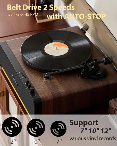 Vista 5 de Tocadiscos de vinilo con altavoces integrados, tocadiscos Bluetooth todo en uno para 33/45 RPM, tocadiscos de alta fidelidad para discos de vinilo