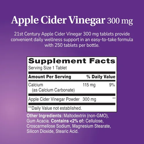 Vista 11 de 21st Century - Tabletas de vinagre de sidra de manzana de 300 mg, metabolismo, 250 unidades Apple Cider Vinegar 300 mg Tablets to Help Support