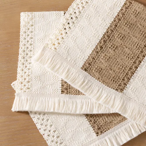 Vista 5 de Juego de 6 manteles individuales bohemios de arpillera de algodón lavables, manteles de mesa de macramé tejido de macramé para decoración de mesa