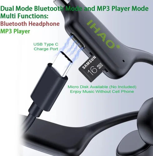 Vista 4 de IHAO Auriculares de conducción ósea verdaderos auriculares abiertos capaces de ser un reproductor de MP3 con micro disco estéreo Bluetooth auricular