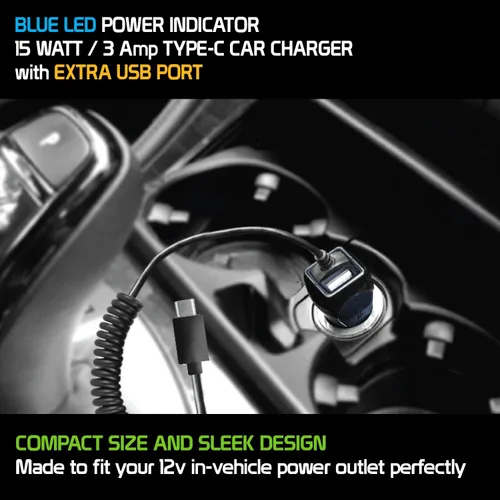 Vista 2 de Cellet Cargador de coche de doble puerto USB de 15 vatios de carga rápida con cable tipo C de 4 pies de alta potencia de 3 amperios compatible