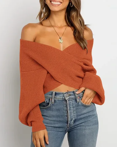 Vista 2 de BTFBM - Suéter casual para mujer con manga larga, cuello en V, frente cruzado, hombros descubiertos, dobladillo asimétrico, tejido de punto