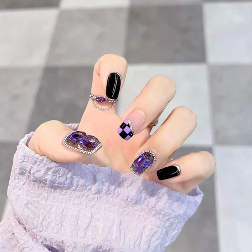 Vista 12 de LIGHT RAIN - Uñas a presión de longitud media, con diseño de galaxia Andromeda, uñas postizas de gel, reutilizables, de lujo, de siete capas