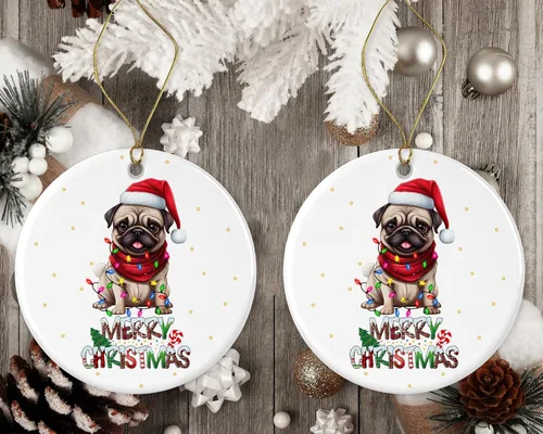 Vista 2 de Adorno de pug, adorno de pug de Feliz Navidad, regalo de adopción de perro, adorno de carlino de primera Navidad, adornos conmemorativos