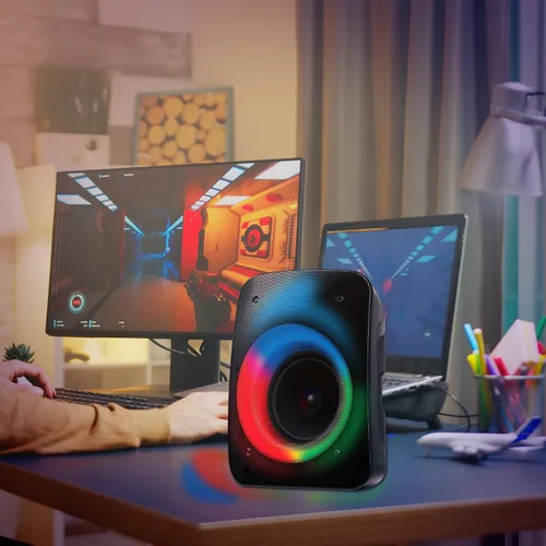 Vista 8 de Coby Altavoz Bluetooth inalámbrico, altavoz portátil con 11 modos de luz LED, entrada de micrófono integrada y radio FM para uso en exteriores