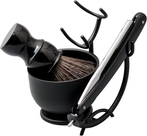 Vista 4 de Kit de afeitado con navaja recta Grandslam, navaja recta de acero con afilador de cuero, cepillo de afeitar, cuenco y soporte de afeitar de acero