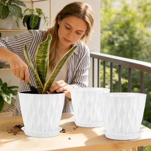 Vista 4 de YNNICO Macetas de 8 pulgadas, paquete de 6 macetas de plástico con drenaje Macetas de plástico blancas y ligeras, macetas de jardín para plantas