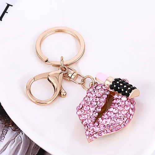 Vista 3 de Llavero con diamantes de imitación de cristal para labios y labiales, llavero de aleación de metal, llavero para bolso, bolso y colgante