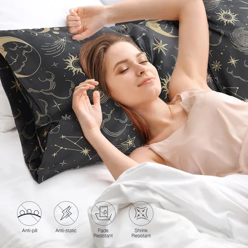 Vista 8 de EXQ Home - Funda de almohada de satén para cuidar el cabello y la piel, tamaño estándar, de seda con estampado negro, juego de 2 fundas con cierre