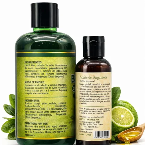 Vista 9 de Champú Bergamota Orgánico (16.9 fl oz) con Aloe Vera y Romero + Aceite de Bergamota (4.2 fl oz) Champú Orgánico Bergamota con Sábila & Romero +