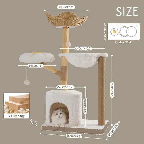 Vista 2 de Árbol para gatos moderno con hamaca de 48.5 pulgadas, torre para gatos con poste para rascar, con poste de madera real, gran cesta de ratán