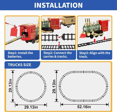 Vista 4 de JQ JUQU Juego de tren eléctrico para niños de 3 a 8 años, tren de juguete a pilas con luces y sonidos, 3 autos y 10 pistas para Navidad y juego