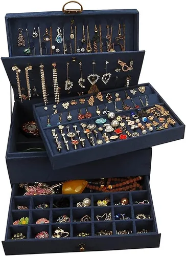 Vista 2 de GYJOYERO Joyero organizador de aretes de joyería para mujeres y niñas 4 capas con cajones collares anillos relojes vitrina almacenamiento