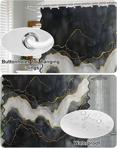 Vista 5 de Scalloped Shower Curtain for Bathroom 36"x72" Modern Minimalism Black Marble White Texture Waterproof Wave Bathroom Shower Curtain Sets with Hooks