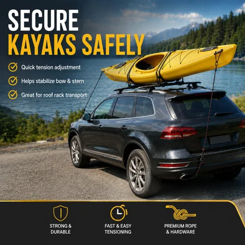 Vista 6 de Correas de amarre de cuerda ajustables, ganchos de trinquete, correas de amarre de kayak para canoa, barco, camión, SUV, techo, lona, campamento