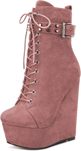 Vista 9 de HDEUOLM Botas de tobillo con tacón de plataforma de cuña alta para mujer, botines cortos con cordones y cremallera Negro