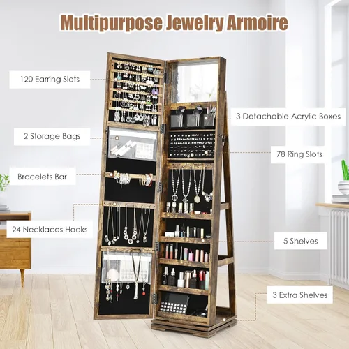Vista 4 de CHARMAID Armario de joyería giratorio de 360 con espejo de longitud completa más alto organizador de armario de joyería con cerradura de pie gran