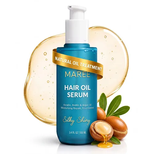 Vista 13 de MAREE Aceite para el cabello encrespado con aceite de argán, queratina y biotina – Suero capilar para brillo de cabello seco y rizado – Productos