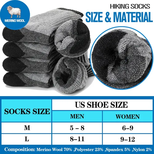 Vista 5 de 5 pares de calcetines de senderismo de lana merina, cálidos, térmicos, acogedores, acolchados, absorben la humedad, para mujeres y hombres