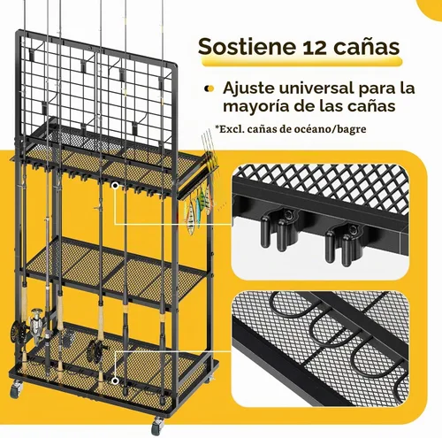 Vista 3 de SOYEEZE Soportes de caña de pescar de gran tamaño para 12 cañas, soportes para caña de pescar rodantes para garaje, soporte de caña de pescar de 3