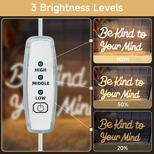 Vista 3 de Letrero de neón "Be Kind to Your Mind" luces de neón regulables LED para decoración de pared, palabras de aliento de neón USB, letreros de neón BKTM