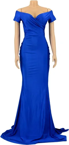Vista 3 de Vakkest Vestido largo de fiesta sexy para mujer, manga corta, hombros descubiertos, cuello en V, abertura lateral, vestido de cóctel de noche