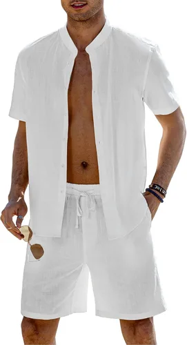 Vista 2 de COOFANDY Conjunto de lino de 2 piezas para hombre, camisa y pantalones cortos con cuello de banda casual