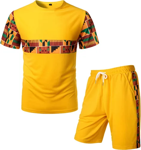 Vista 9 de LucMatton Conjunto de camiseta y pantalones cortos con estampado africano de verano para hombre, 2 piezas, conjunto deportivo de malla, trajes