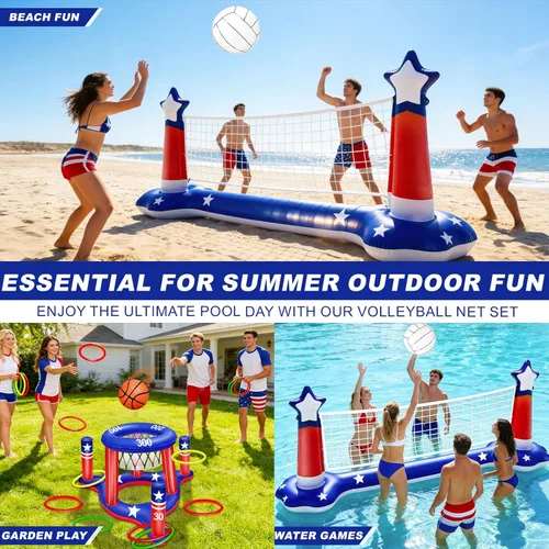 Vista 8 de Grandes juegos inflables de piscina, red de voleibol y aro de baloncesto con 2 pelotas de playa, bandera estadounidense, juguetes de agua