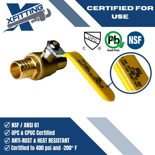 Vista 6 de XFITTING Paquete de 10 válvulas de bola Pex Barb de 1 pulgada, mango amarillo, válvula de bola Pex de puerto completo, latón