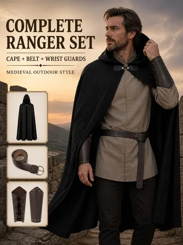 Vista 4 de JPXH Juego de capa medieval con cinturón y muñequeras para disfraz de Negro