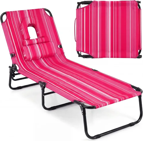 Vista 16 de Tangkula Sillón de playa, reclinable plegable para tomar el sol con agujero frontal, silla de bronceado boca abajo con respaldo ajustable de 4 Beige