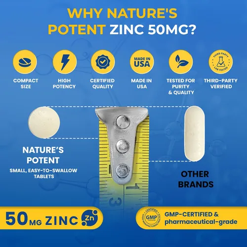 Vista 4 de Suplemento de zinc de 50 mg [alta potencia] - Sistema de apoyo inmunológico de zinc natural (óxido/citrato) 100 comprimidos, fabricado por Nature's
