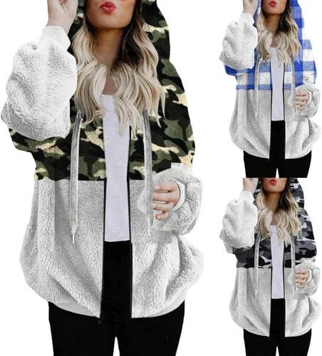 Vista 4 de VREWARE Sudaderas con capucha con cremallera para mujer, de gran tamaño, casual, sherpa, de vellón, con bolsillo, para exteriores