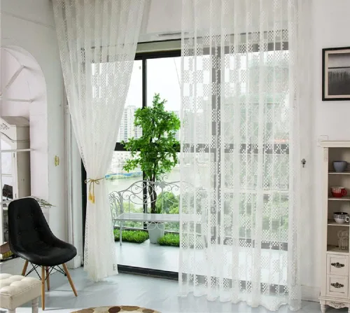 Vista 9 de New Jacquard Hollow Grid Sheer Curtains Basic Rod Pocket Top Style Living Room Bedroom(2 Panels, W 54 x L 63 inch, Brown)