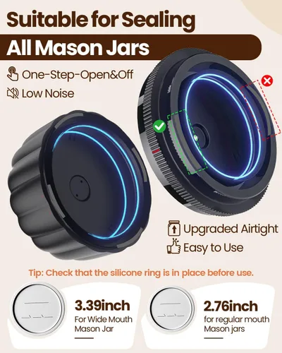 Vista 3 de Kit de sellado al vacío de tarros Mason eléctrico mejorado 2026 con tapas Mason de boca ancha y regular, bomba de vacío automática de 80 kpa