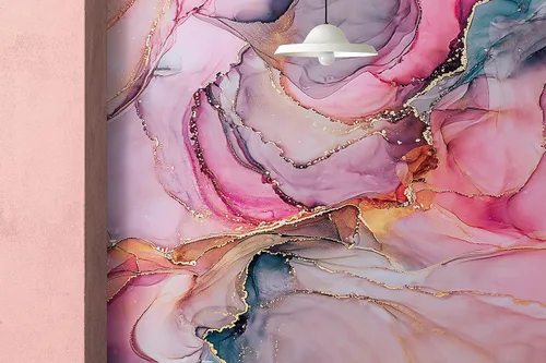 Vista 8 de Mural de pared abstracto con diseño de tinta de alcohol. Diseño de ágata (patrón de color rosa, azul y dorado) Papel tapiz removible para despegar