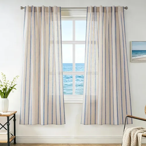 Vista 66 de DriftAway Cortinas de estilo granja con rayas verticales de lino mezclado texturizado con filtro de luz semitransparente para sala de estar