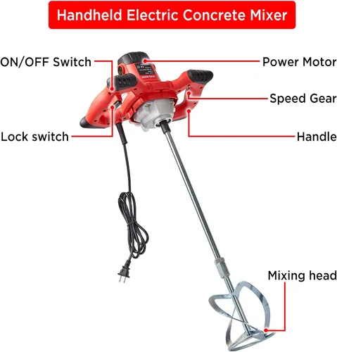 Vista 3 de Mezclador de hormigón eléctrico de mano de 2300 W, mezclador de cemento portátil con 6 velocidades ajustables, mezclador de lodo para mezclar barro