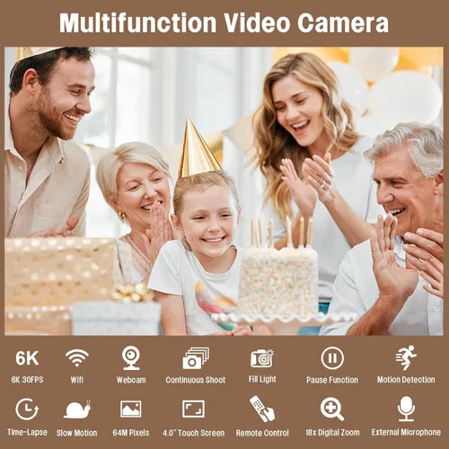 Vista 7 de Videocámara Cámara de Video HD 6K 64MP con Visión Nocturna IR, Cámara para Vlogging de YouTube, Zoom Digital de 18X, Pantalla Táctil de 4.0