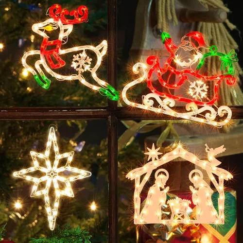 Vista 9 de Paquete de 2 luces de silueta de ventana de Navidad de 50 L, incluyendo: 1 estrella x 1 estrella de Belén