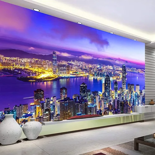 Vista 2 de Moderno papel tapiz fotográfico 3D con vista nocturna de la ciudad de Nueva York, papel tapiz de vista de la ciudad, decoración de pared para sala