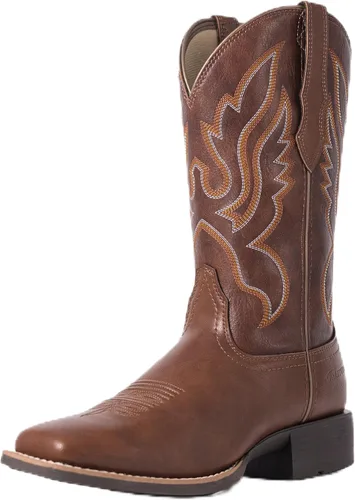 Vista 9 de Palitutu Botas vaqueras para mujer a media pantorrilla, botas vaqueras de cuero para mujer, botas de punta con bordado occidental