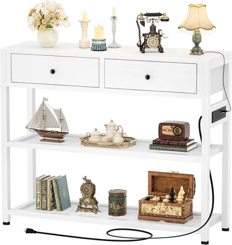 Vista 11 de Ecoprsio Mesa de Entrada con Tomacorrientes y Puertos USB, Mesa Consola con 2 Cajones, Mesa de Sofá Pequeña con Estantes de Almacenamiento para Sala