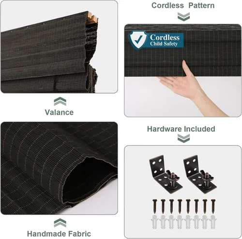 Vista 4 de Persianas romanas de bambú opacas inalámbricas, de fácil control, de madera tejida natural, persianas de bambú con forro de gran privacidad