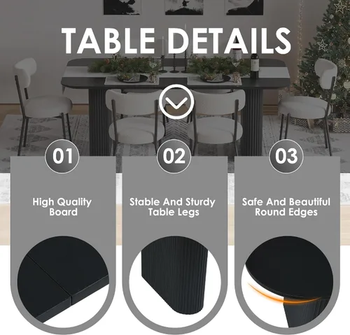 Vista 5 de Juego de mesa de comedor ovalada negra moderna de 70.9 pulgadas para 4, mesa de cocina rectangular estilo crema con sillas negras Boucle, juego