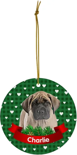 Vista 2 de Rosemary Green Theme Design English Mastiff Puppy Nombre Personalizado Adornos de Navidad 2023 Círculo Blanco Cerámica Cachorro Dueño Regalos