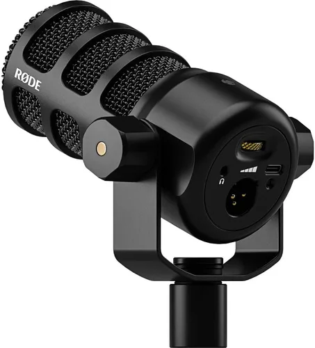 Vista 3 de Rode PodMic Micrófono dinámico USB y XLR para podcasting, paquete negro con filtro pop + soporte de micrófono de escritorio + cable XLR + paño