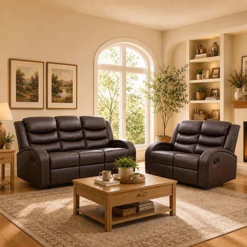 Vista 10 de Juego de sofá reclinable de 3 piezas, juego de muebles de sala de estar, sofá reclinable seccional de cuero, sofá reclinable manual, cómodo asiento