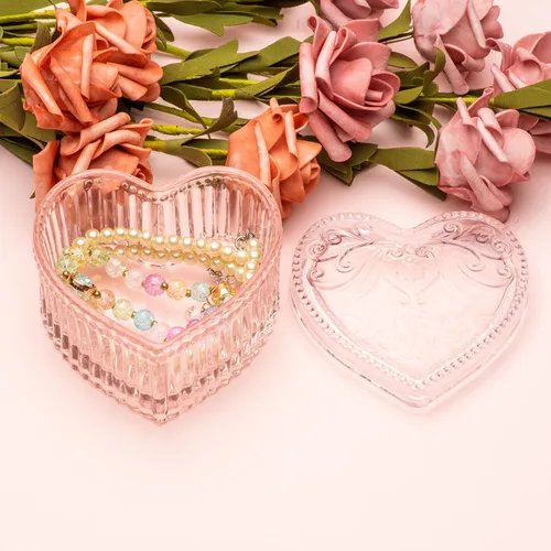Vista 5 de COWFEX Joyero de cristal en forma de corazón con tapa para niñas y mujeres, organizador de almacenamiento de baratijas, caja decorativa para San